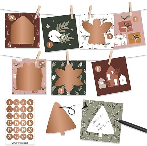 Papierdrachen Calendario da grattare 2026, calendario dell'Avvento da riempire e regalare, Hygge con adesivi da grattare, mollette in legno e corda