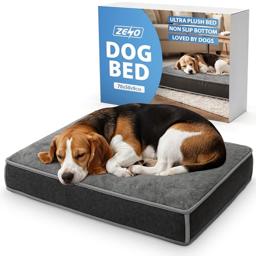 ZENO Dog Bed 70 x 50CM | Washable Dog Bed with Removable Cover | Soft Memory Foam Dog Mattress for Small, Medium & Large Dogs | Calming Puppy Bed with Non Slip Base | Durable Pet Cushion | Grey