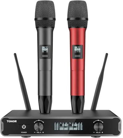 TONOR Mikrofon Kabellos System, Dual Funkmikrofon mit Empfänger, drahtloses Karaoke Microfono Set Wireless Singing Mic dynamisch 60m Reichweite für Hochzeit Party Kirche Vortrag Bühne TW450 Grau&Red