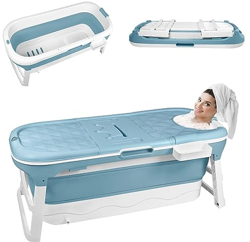 SUBTLETY Faltbare Badewanne Erwachsene Tragbare Klappbadewanne mit Abdeckung Seifenkorb & Massagerollen Wannen zum Aufstellen in der Dusche Ideal für Kleine Badezimmer SPA (148 x 60 x 53 cm, Blau)