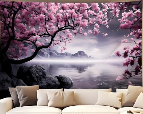 QGHOT Japanese Cherry Blossom Tapestry Wall Hanging Asian Anime Nature Mountain Wall Art Calming Lake Ocean Tapestries for Bedroom Living Room Decor 60x50in