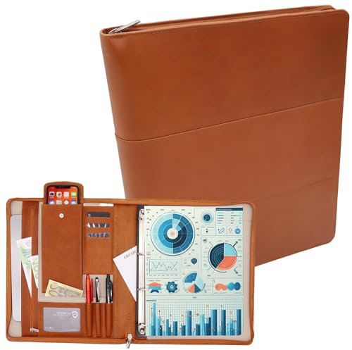 Safekeepers Konferenzmappe A4 Leder,Schreibmappe a4 reißverschluss,dokumentenmappe a4 leder ringbuch, Arbeitsmappe aus Leder, Geschenk für ihn Hellbraun Tan