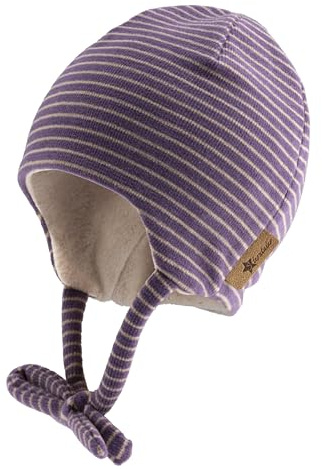 Sterntaler Beanie gestreift aus Microfleece für Mädchen - Baby und Kinder Mütze mit angeschnittenen Ohrenklappen und Bindeband - gefüttert mit Baumwollfleece - lila, 41