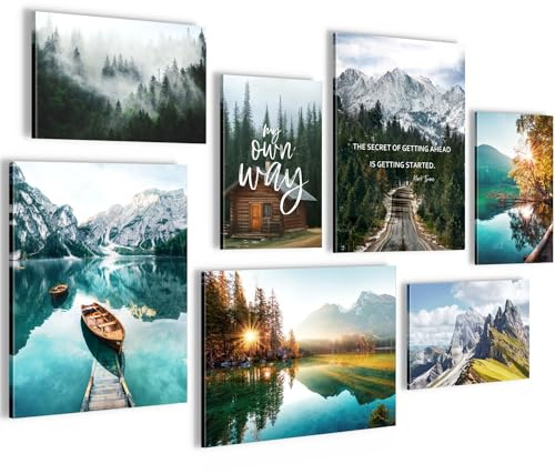 Novart Wandbilder Natur Berge Alpen - KOMPLETT AUFHÄNGFERTIG - See Landschaft Wohnzimmer Schlafzimmer Flur - 7 Moderne Bilder - N028471a