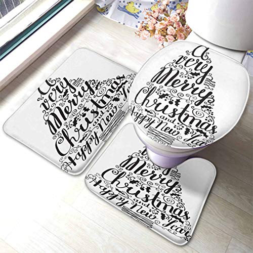 Set 3 Teilig Badvorleger Kalligraphie Schriftzug Weihnachtsbaum Schwarz Und Weiß Badgarnitur Badematten Wasserabsorbierend Weiche Badematte 3-TLG, Für Badezimmer, Wohnzimmer