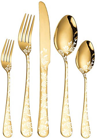 Cutlery Set, Stainless Steel Flatware Set,transparent plastic, Spoon Knife and Fork Set,20-Piece Modern Electroplated Patterned Kitchen Silverware Tableware Set Service for 4 People,18/10 Stainless St