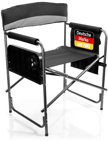 BigDean Campingstuhl 150kg mit Tisch – Klappstuhl mit Getränkehalter + Seitentasche – hochwertiger Angelstuhl in Grau/Schwarz Regiestuhl klappbar
