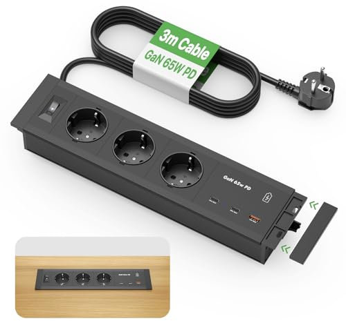 Versenkbare Steckdose 3 Fach mit 2 USB C PD 65W GaN, Aluminum Versenkbare Tischsteckdose mit Schalter und 3m Kable, Einbau Steckdosenleiste für Arbeitsplatte Sofatisch Büro Nachttisch, 16A, Schwarz