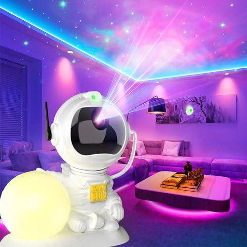 PHOSURA Astronaute Proyector Galaxia, Proyector Cielo Estrella con Lámpara Luna, Noche de Noche de Ambiente para Dormitorio con Nebulosa, Temporizador y Control Remoto Regalos para Niños y Adultos.