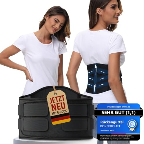 DONNER KRAFT Cintura di supporto per schiena vincitore del test per uomo e donna – Cintura lombare per sostenere la colonna lombare e stabilizzazione nella vita di tutti i giorni + Guida Ebook (XL)