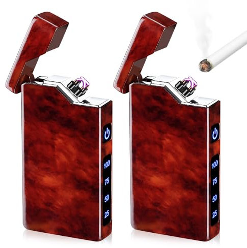 2 mecheros eléctricos, recargables por USB, encendedor de arco eléctrico, portátil, con indicador de batería, regalo para hombres y mujeres, con caja de regalo (vetas de caoba)