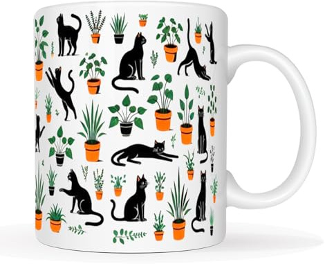 MAUAG Charming Black Cats & Plants Coffee Mug 11 Oz - Cute Design for Cat Lovers and Plant Enthusiasts, Owners-Botanical Cup