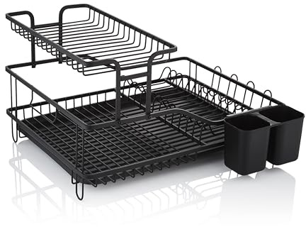 Swan Stealth 15 Plate Dish Rack with Removable Cutlery Holder, Drip Tray, Space Saving Two Tier Design, Iron Body, Black, SWKA5070BLK