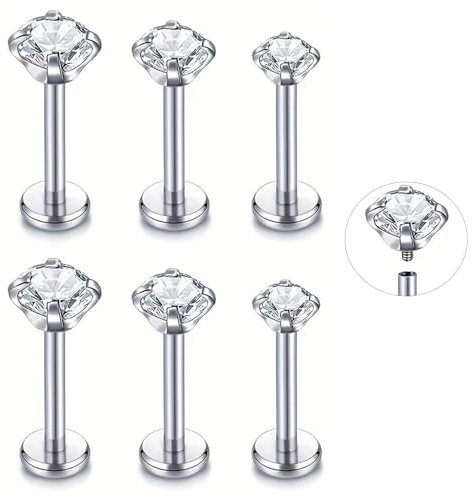 QZKJQDD 6PCS Tragus Piercing Jewellery, Tragus Labret Studs Piercing, Stainless Steel Labret Bars Lip Studs, Cubic Zirconia Cartilage lip Stud Bar Flat Back Earrings Helix Nose Piercing 6/8/10mm