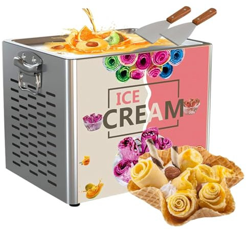 Fried Ice Cream Roll Machine, 30 x 24cm Square Stir-Fried Ice Cream Pan, Stainless Steel Commercial Rolled Ice Cream Maker with Compressor and 2 Scrapers, for Making Ice Cream, Yogurt