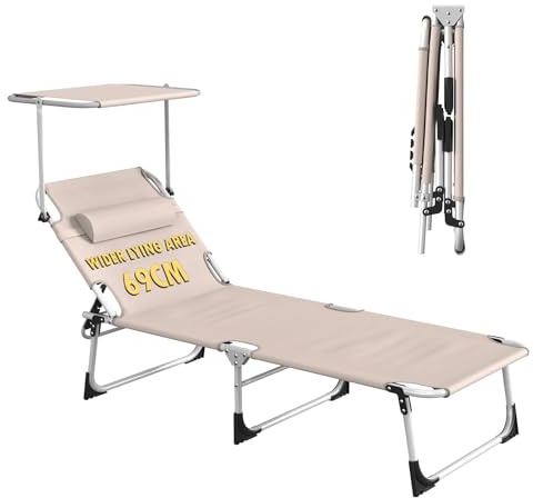 Sonnenliege Mit Dach, Wetterfeste Gartenliege, Stabile Strandliege Klappbar & Leicht, Mit Sonnenschutz & Verstellbarer Rückenlehne, Belastbar Bis 150 Kg, Ideal Für Garten Terrasse Camping, Khaki
