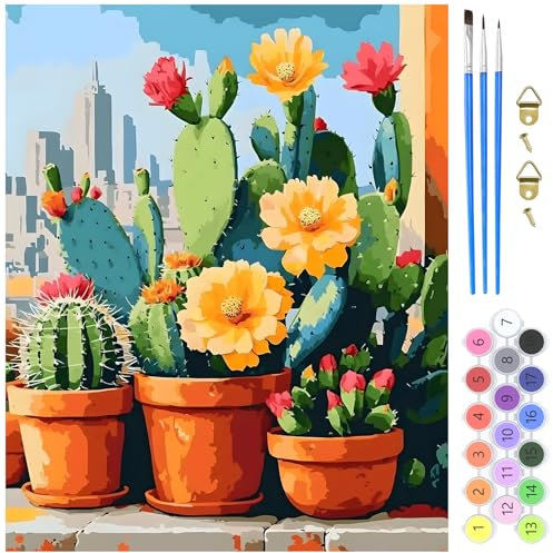 MXJSUA Peinture par Numéros pour Adulte, DIY Peinture Acrylique pour Adultes Débutants Facile sur Toile 40×50 cm avec peintures et pinceaux, Fleurs De Cactus (sans Cadre)