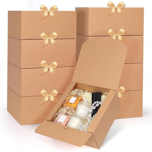 GXFCING 12 Stück Geschenkboxen, 20 x 20 x 10cm Geschenkbox mit Deckel, Große Quadratischer Geschenkkarton mit Gold Satinband für Hochzeit Geburtstag Weihnachten Party Geschenke Verpackung (Braun)
