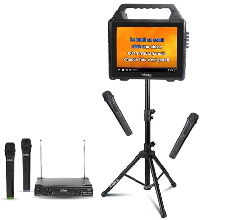 Ibiza - Pack Karaoké Enceinte Ecran 2 micros sans Fil Bluetooth Ibiza KARAVISION sur Pied - Système micros sans Fil PARTY-200UHF - Soirée
