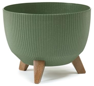 Muddy Hands Eco Friendly Decorative Bowl Plant Pot with Legs Indoor Home Outdoor Garden Round Flower Planter Stand Holder Cover - Made from Recycled Plastic & Wood (Green, 29cm)