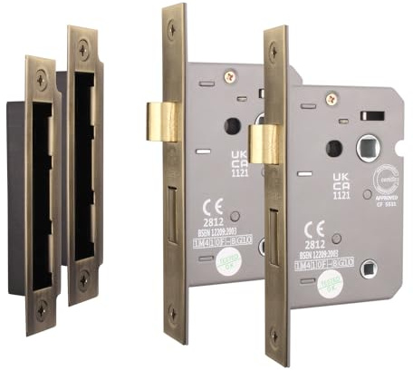 EAI Antique Brass Bathroom Lock, 80mm / 3 Inch, Fire Rated, Pack of 2 | Mortice Lock for Internal Doors with 57mm Backset, 30/60 Minute Fire Tested, Adjustable Keep, Dust Box and Fixings Included