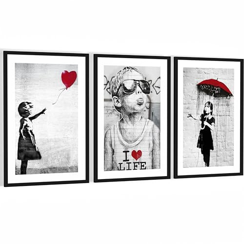 Novart Wandbilder mit Rahmen Banksy Collage - Wohnzimmer Büro Loft Wanddeko - 3 Bilder Set Street Art - N103136aR2