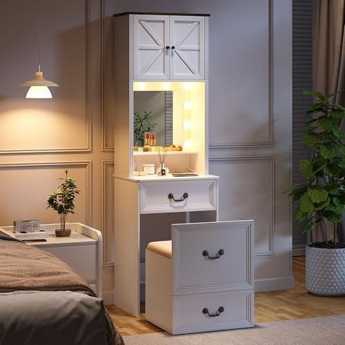 Schminktisch mit Spiegel und Beleuchtung, Klein Schminktisch mit Schubladen & Regalen, Landhausstil Frisiertisch Dressing Table mit Verstecktem Hocker, Geschenk für Mädchen & Damen