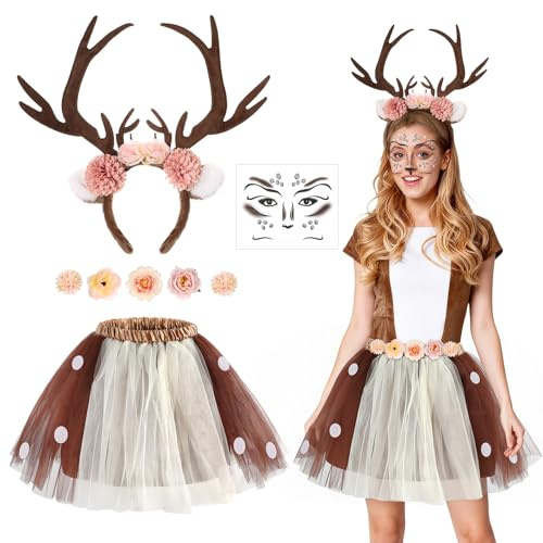 4 PCS Deer Costume Women, Deer Antler Headband Reindeer Face Tattoos Flower Clips Tutu Skirt Set, Reindeer Animal Costume for Halloween Carnival Christmas Fancy Dress Party Cosplay Masquerade