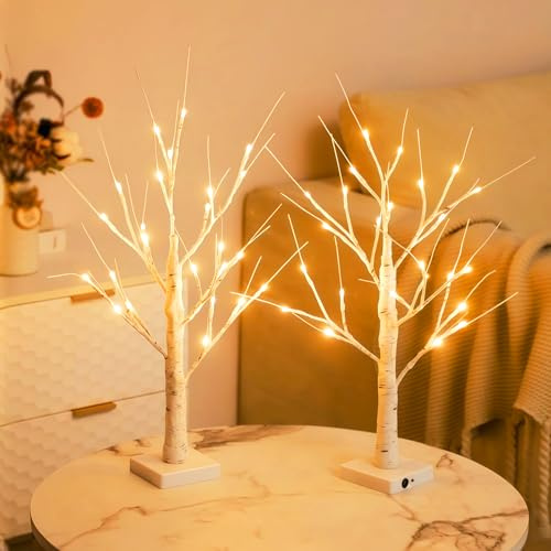 Pack De 2 Arbre Lumineux 60cm LED,Arbre Lumineux Interieur,24 LEDs,Alimentation Batterie,Branches RéGlables,DéCoration D'Ambiance Moderne,pour NoëL,PâQues,Mariage & Maison