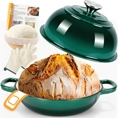 AHJ Cocotte en Fonte Émaillée, 5,7L/26cm Casserole Fonte Emaillee, Dutch Oven avec Pain Banneton, Émaillée Cocotte Pain avec Couvercle,pour Cuisine, Cuisson au Four, Mijotage et Saisissage (Vert)