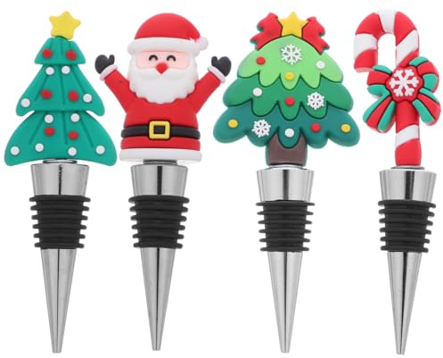 IMIKEYA 4 Stück Weihnachten Flaschenverschluss Edelstahl Weihnachts Weinflaschenverschluss mit Festlich Dekoriert mit Schneeflocke Zuckerstange Weihnachtsbaum und Weihnachtsmann