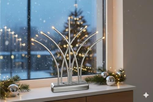 MeLiTec LED USB-C Stimmungslicht Weihnachten, SL62, Fächer, Chrom matt, warmweiß (3000K), dimmbar (3 Stufen), 5h-Timer, kabellos inkl. Akku, Innen – modernes Dekorationslicht, Lichtbogen, Fensterlicht