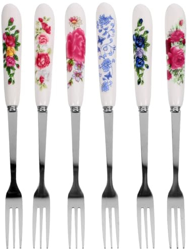 Homoyoyo 6Pcs Stainless Steel Small Dessert Forks with Ceramic Handles Multi-Function Cake and Fruit Forks for Party Reusable Tableware