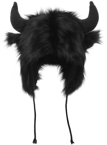 TOBBOMEY Lustige Tiermütze mit Hörnern Warme Cosplay Mütze aus Flauschigem Plüsch Einheitsgröße Damen Hut für Halloween Party und Bühnenauftritte