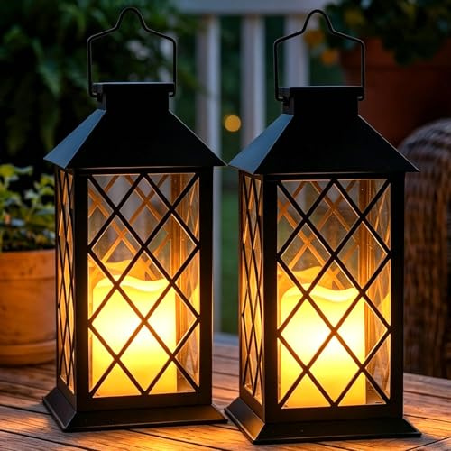 Dekofun 2 Pack Large Tempered Glass Solar Lanterns Outdoor Waterproof, Hanging Solar Lights with Flickering Flameless Candles, Solar Lantern for Wall Porch Patio Table Garden Yard Decoration (Black)