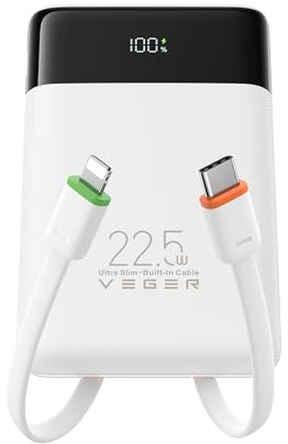 VEGER 10000mAh Powerbank con Cavi Integrati 22.5W Ricarica Rapida Portatile | Sottile Compatto USB C Power Bank LED Display con 4 Uscite 3 Ingressi Compatibile con iPhone iPad Huawei Xiaomi Tablet-Bianco