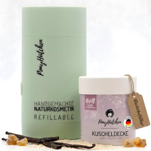 PonyHütchen Deostick Starterset – Nachfüllbares Deo ohne Aluminium – Veganes Naturkosmetik Deodorant Stick inkl. Case + Refill – 24h Schutz - Antitranspirant – Unisex – bio – Vanille