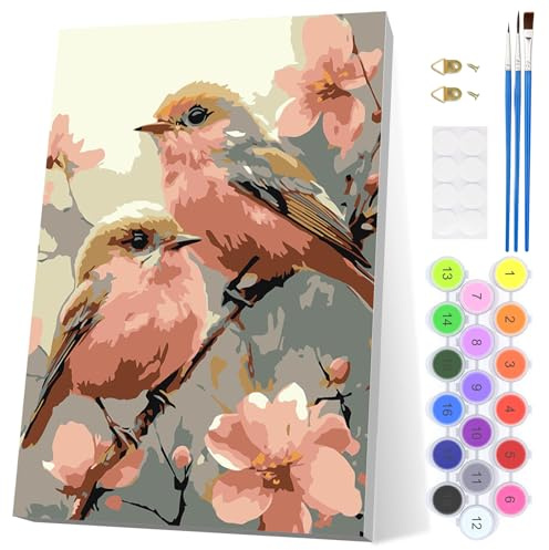 EOBROMD Par fåglar måla efter siffror för vuxna nybörjare med ram, blommor måla efter siffror kit, akryl enkel målning efter siffror för present hem väggdekor 20 x 30 cm