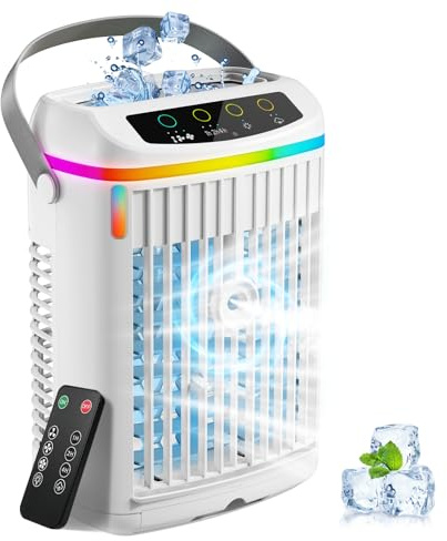 Condizionatore portatile con telecomando, 1000 ml, 4 in 1, mini condizionatore d'aria con 3 velocità, 2 modalità di nebulizzazione, climatizzatore portatile evaporativo con timer 1-4 ore, luce 7