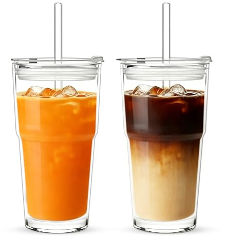 Ytwehela 2 stycken 600 ml dubbelväggiga glas-set, stort dricksglas med lock och sugrör, stapelbara glasmuggar, diskmaskinssäker för cappuccino, latt, te, is, iste, iced americano, mjölk, juice, öl