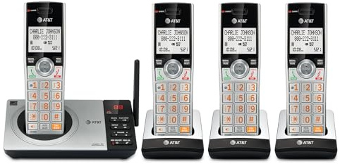 AT&T CL82407 DECT 6.0 4-Handset Cordless Phone with Smart Call Blocker, Answering Machine, Caller ID Announce, Long Range, Expandable, Silver/Black