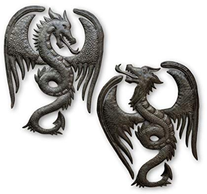 It's Cactus Set of 2, Dragons, Metal Wall Mounted Art, Mythical, and Gothic Sculpture, Wings, Haiti Novelty Gift 13.5 In. X 18 In., 13 In. X 16.75 In.