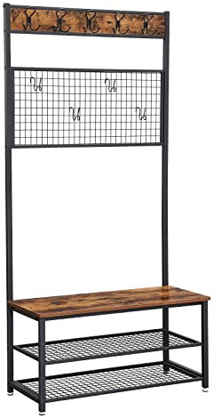 VASAGLE Garderobenständer mit Sitzbank, im Industrie Design, Garderobe mit 9 Kleiderhaken und Schuhregal, mit Memo-Board aus Drahtgitter, Flur, Diele, Schlafzimmer, Vintage HSR46BX