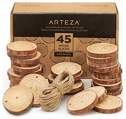 ARTEZA Träskivor (45 delar) med bark naturlig oavslutad tall 6 cm – 7 cm diameter slät vacker sandad yta inkluderar 150 cm naturligt jutesnöre för konst, hantverk, bröllop, prydnader, gör-det-själv
