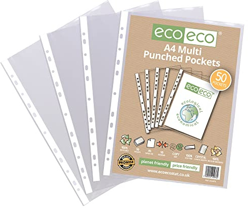 eco-eco eco076 A4 100% Reciclada Bolsa 50 Bolsillos Perforados Múltiples