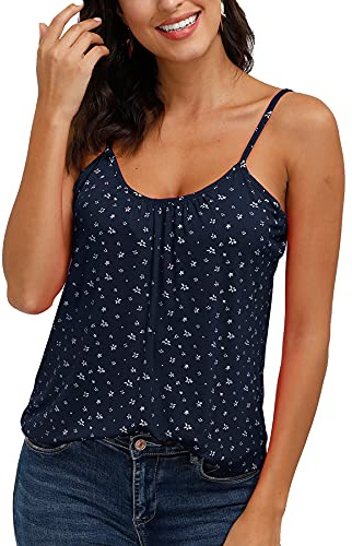 ELFIN Damen Spaghetti Top Sommer Tanktop Bluse Ärmellose Falten Basic Shirt Sommer Strand Bluse Oberteile Lässiges (M, Druck-blau)