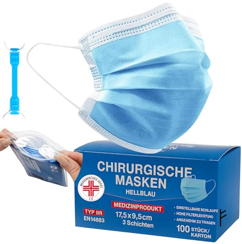 S&S Medical Mascherine chirurgiche 3 veli certificate CE | Dispositivo Medico di tipo 2r | Resistente agli spruzzi | 99,9% di protezione | Gancio salve orecchie (100 Unità (Confezione da 1), Blu)
