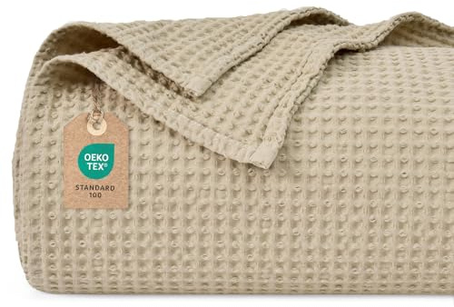 PHF 100% Baumwolle waffledecke Kuschedecke 150x200cm, leicht & atmungsaktiv, perfekt für das ganze Jahr - Oeko-TEX® Zertifiziert - Hotelwäschequalität - Ideal für Sofa Couch Bett, Khaki