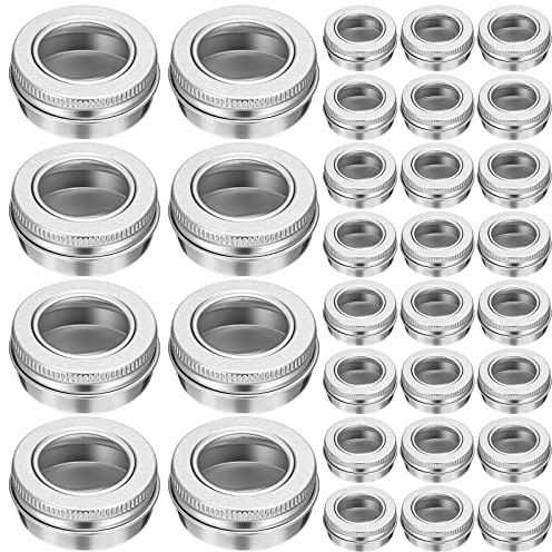 100 Pcs 0.5 Ounce Aluminum Tin Jar 15 ml Refillable Containers Clear Top Screw Lid Round Tin Container Bottle for Cosmetic, Cream, Diamond Painting, Salves, Balms, Lip Balm, Spices or Others, Silver