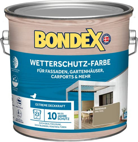 Bondex Wetterschutz Farbe Marehalm (RAL7034) 2,5 L für 23 m² | Extreme Deckkraft | Hervorragende Witterungsbeständigkeit | seidenglänzend | Wetterschutzfarbe | Holzfarbe